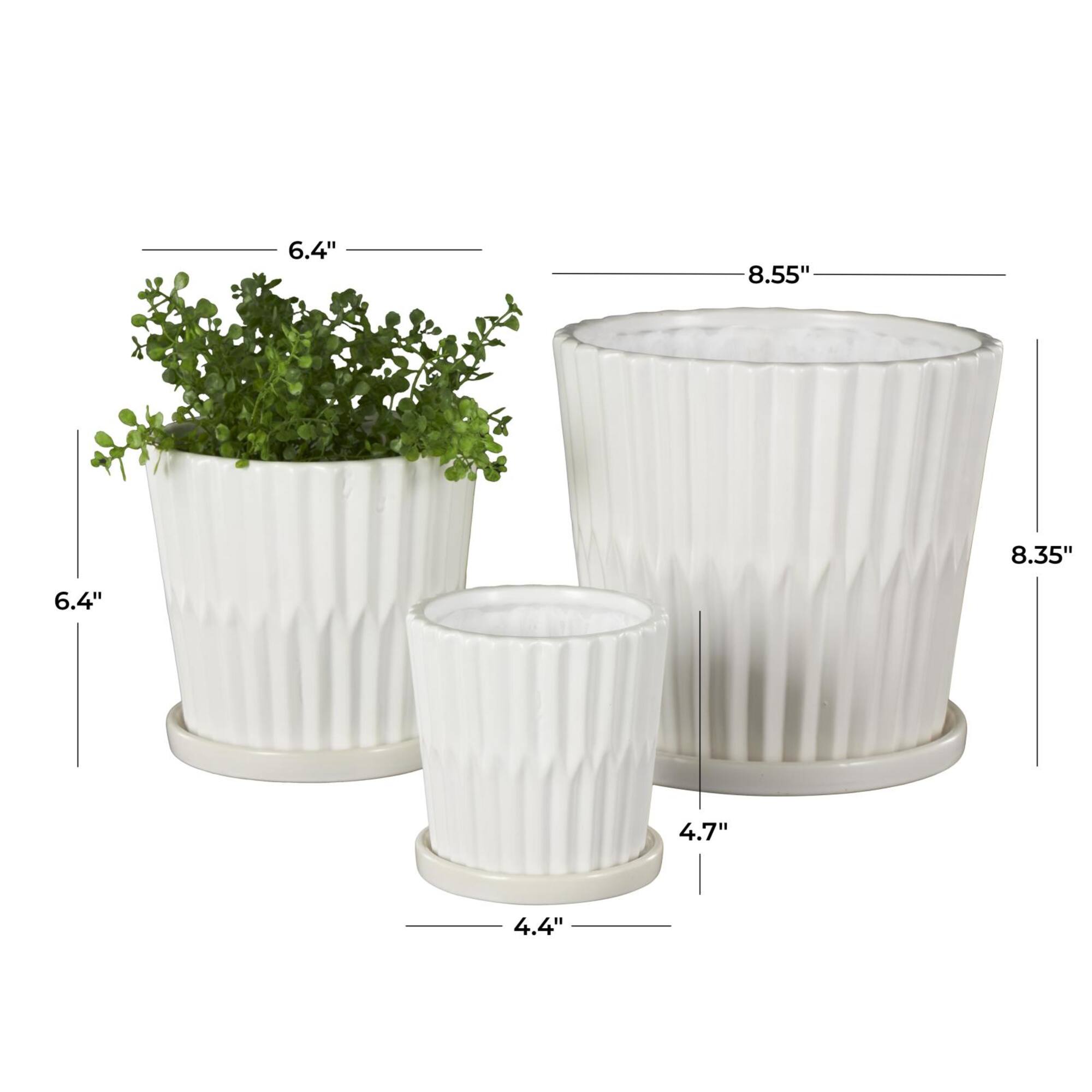 White Double Ribbed Textured Ceramic Planter Set